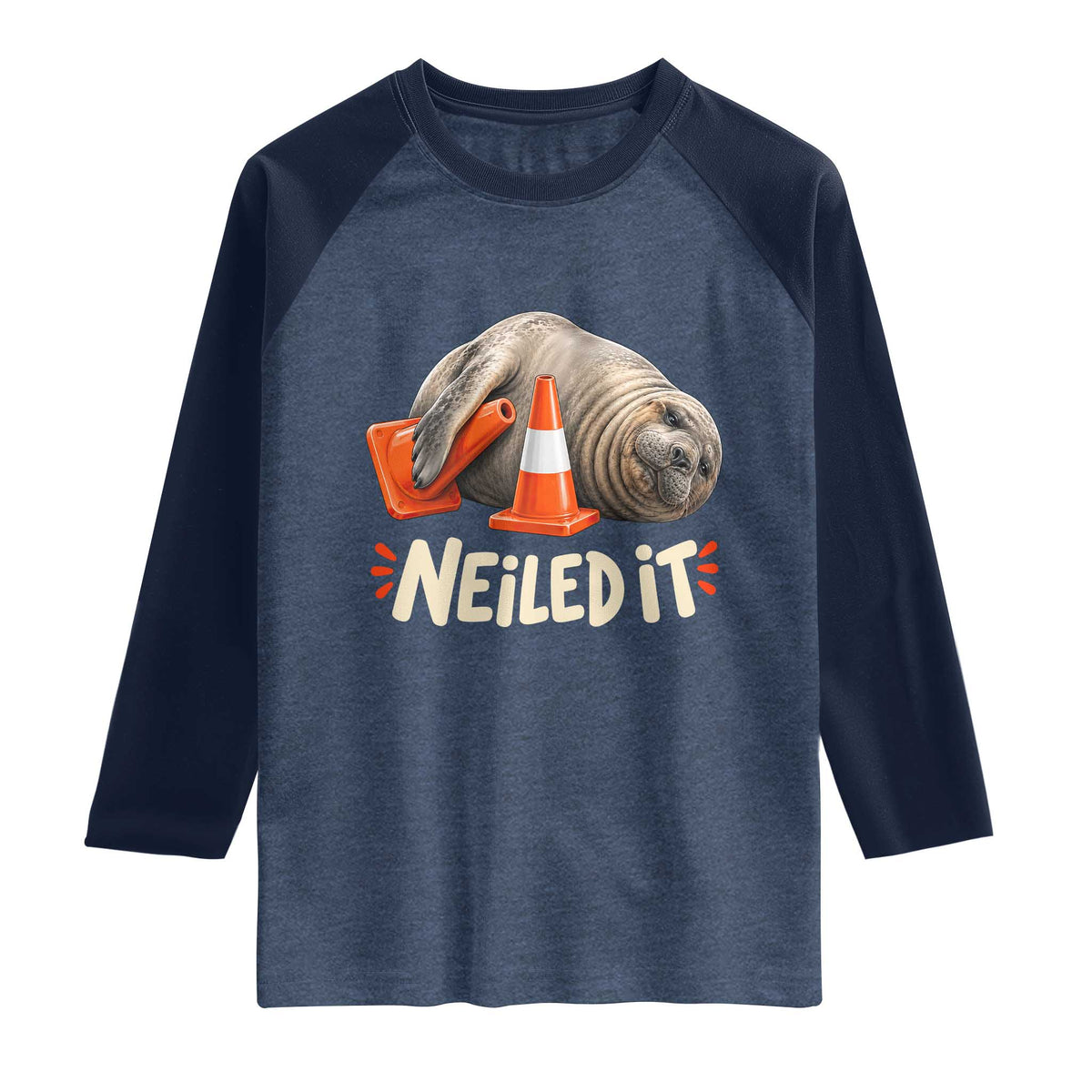 Funny Neil The Seal Nailed It Meme Raglan Shirt Cute Chaotic Viral Elephant Seal Traffic Cone Pun TS02 Heather Denim Navy Print Your Wear