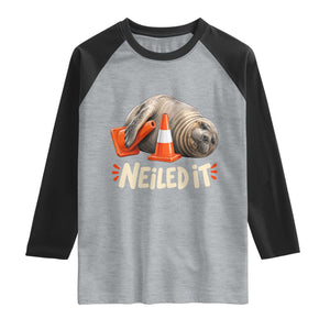 Funny Neil The Seal Nailed It Meme Raglan Shirt Cute Chaotic Viral Elephant Seal Traffic Cone Pun TS02 Heather Gray Black Print Your Wear