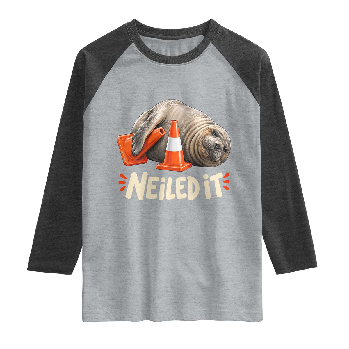 Funny Neil The Seal Nailed It Meme Raglan Shirt Cute Chaotic Viral Elephant Seal Traffic Cone Pun TS02 Heather Gray Heather Charcoal Print Your Wear