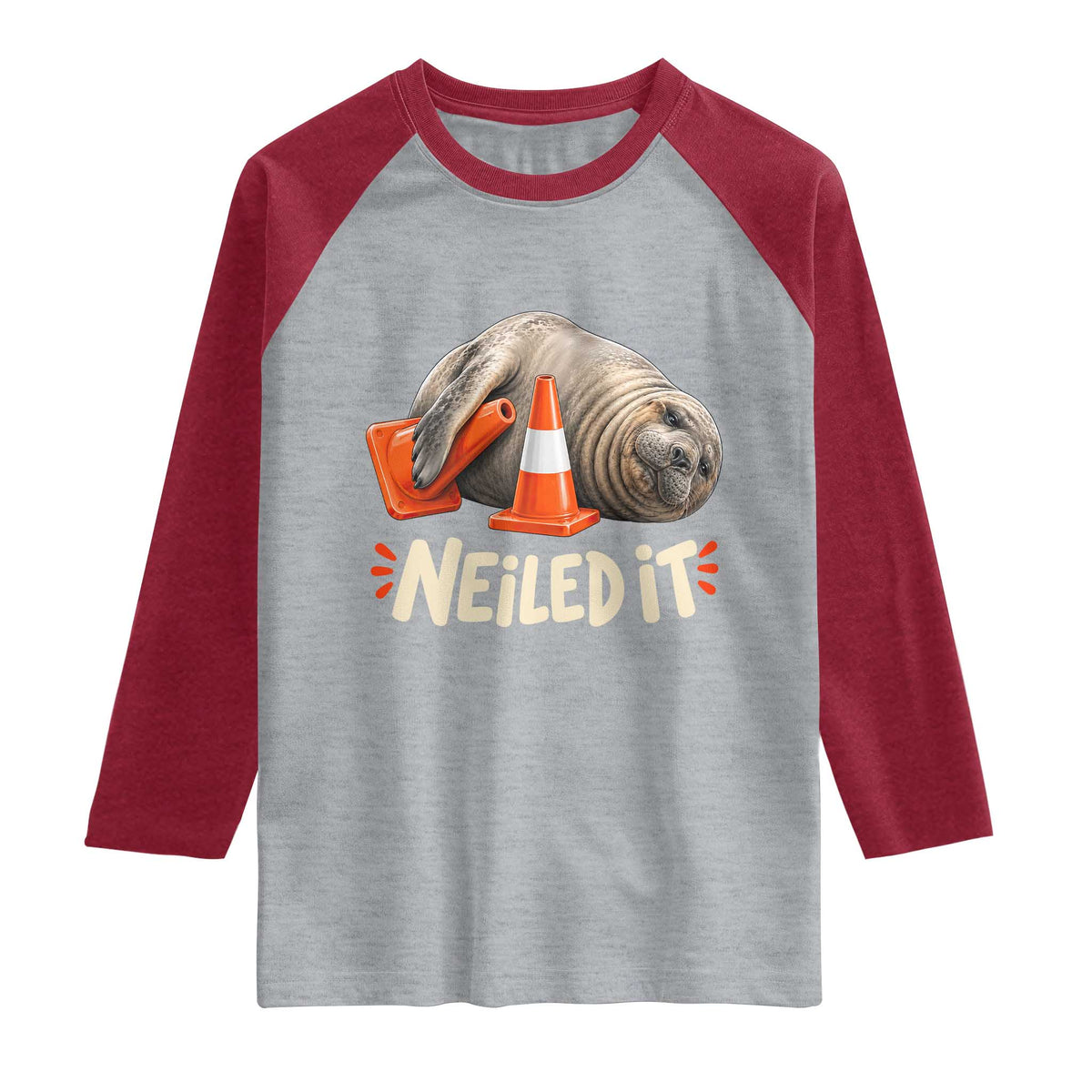 Funny Neil The Seal Nailed It Meme Raglan Shirt Cute Chaotic Viral Elephant Seal Traffic Cone Pun TS02 Heather Gray Heather Red Print Your Wear