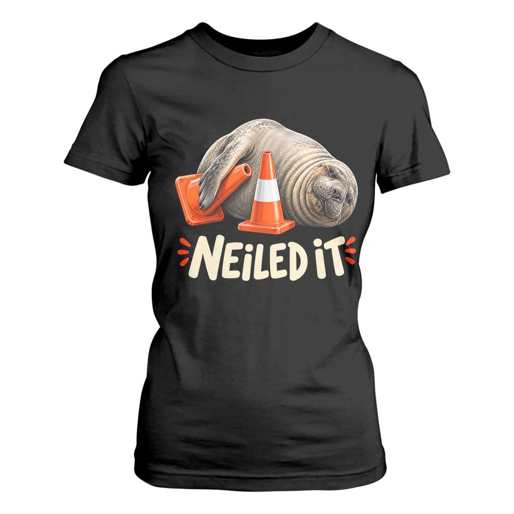 Funny Neil The Seal Nailed It Meme T Shirt For Women Cute Chaotic Viral Elephant Seal Traffic Cone Pun TS02 Black Print Your Wear