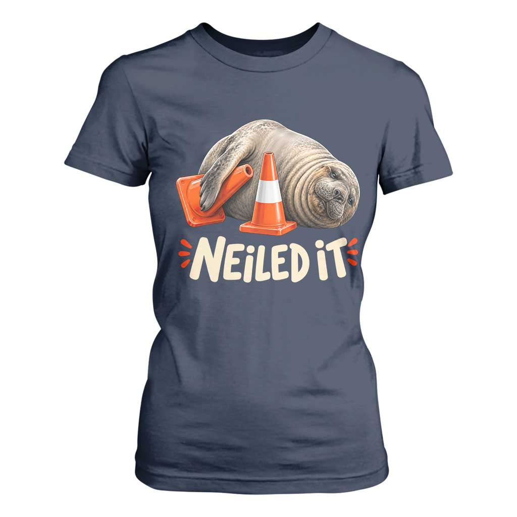 Funny Neil The Seal Nailed It Meme T Shirt For Women Cute Chaotic Viral Elephant Seal Traffic Cone Pun TS02 Navy Print Your Wear