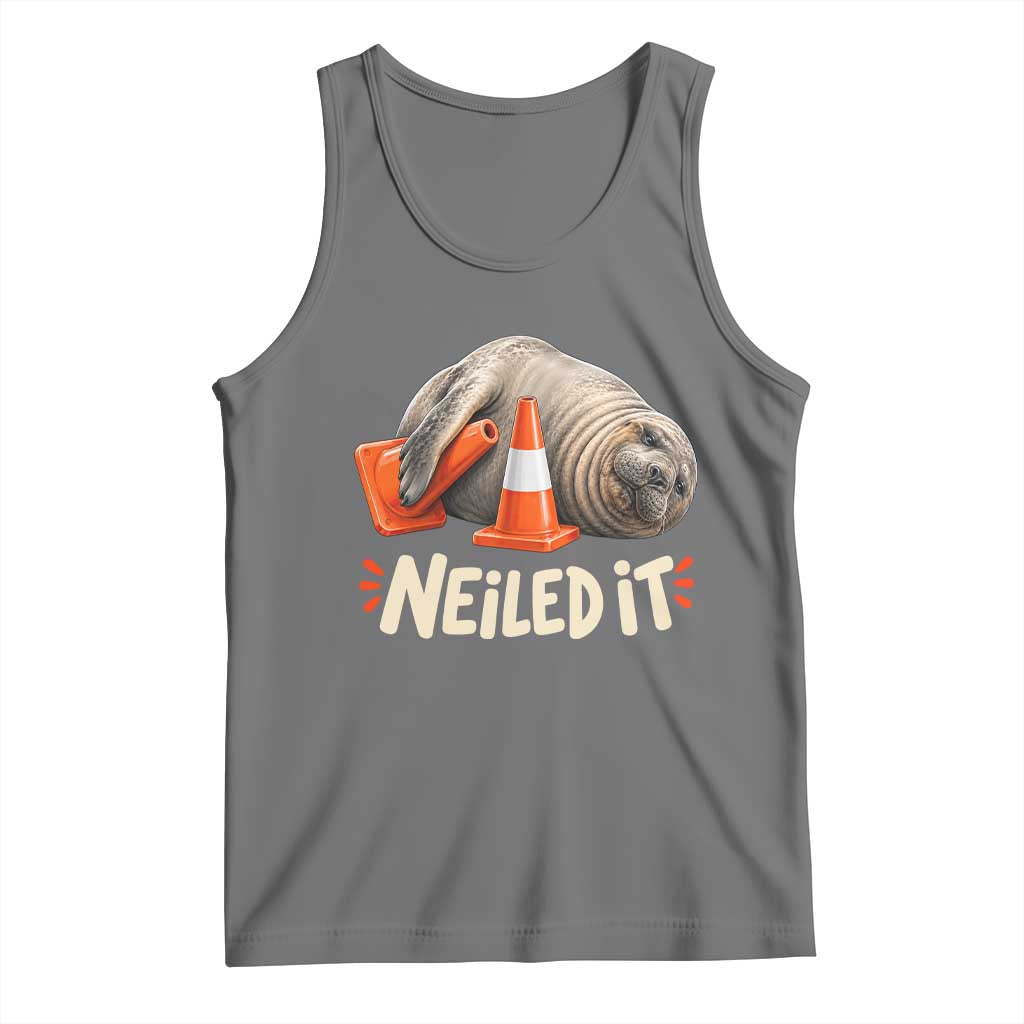 Funny Neil The Seal Nailed It Meme Tank Top Cute Chaotic Viral Elephant Seal Traffic Cone Pun TS02 Black Heather Print Your Wear