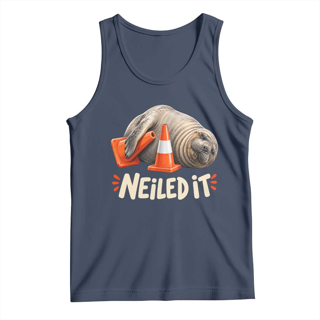Funny Neil The Seal Nailed It Meme Tank Top Cute Chaotic Viral Elephant Seal Traffic Cone Pun TS02 Navy Print Your Wear