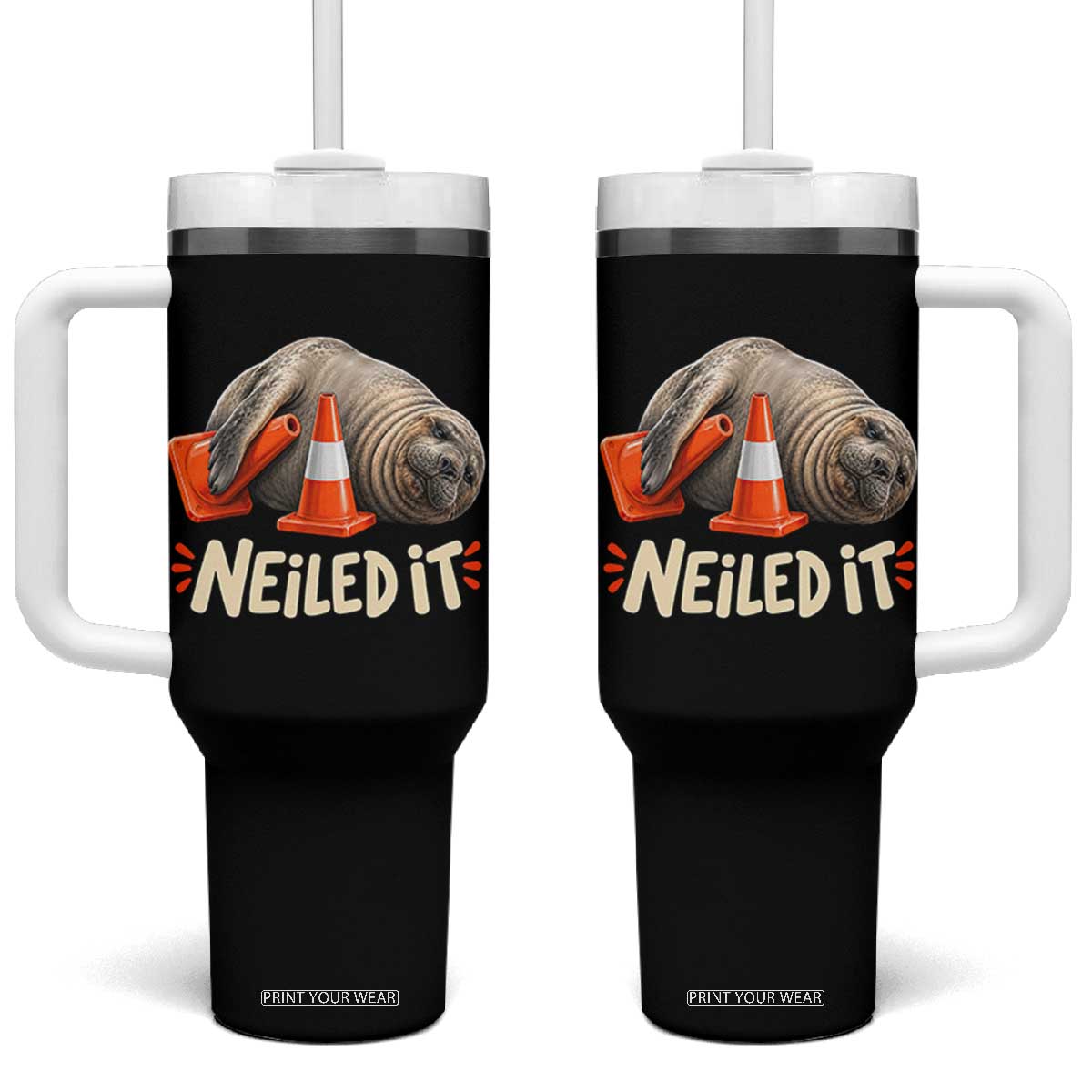 Funny Neil The Seal Nailed It Meme Tumbler With Handle Cute Chaotic Viral Elephant Seal Traffic Cone Pun TS02 One Size: 40 oz Black Print Your Wear