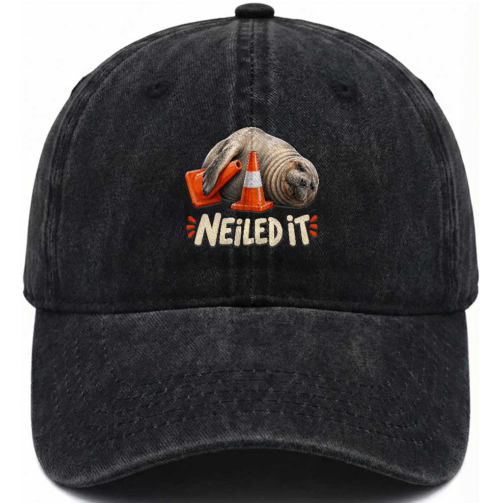 Funny Neil The Seal Nailed It Meme Washed Cotton Baseball Cap Cute Chaotic Viral Elephant Seal Traffic Cone Pun TS02 Print Your Wear