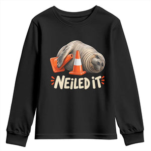 Funny Neil The Seal Nailed It Meme Youth Sweatshirt Cute Chaotic Viral Elephant Seal Traffic Cone Pun TS02 Black Print Your Wear