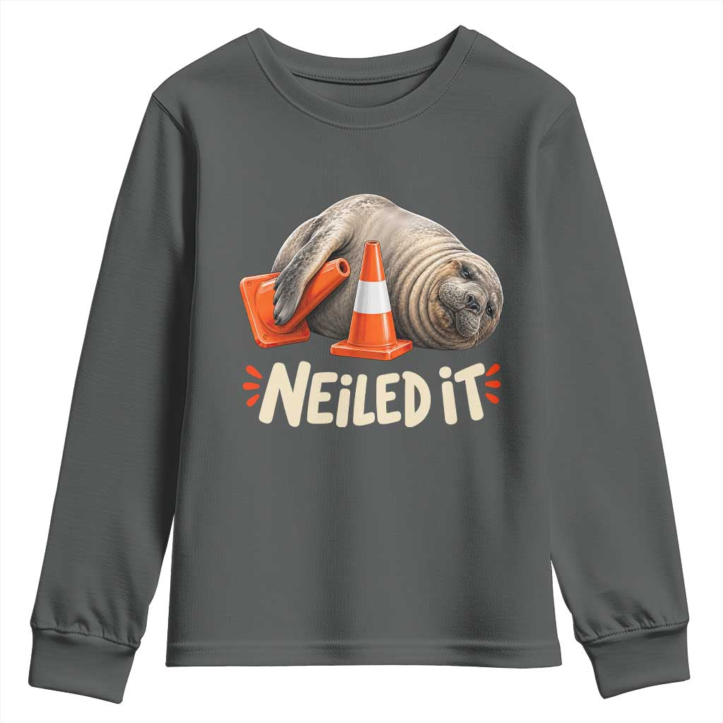Funny Neil The Seal Nailed It Meme Youth Sweatshirt Cute Chaotic Viral Elephant Seal Traffic Cone Pun TS02 Dark Heather Print Your Wear