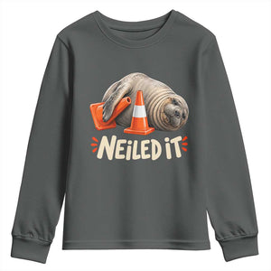 Funny Neil The Seal Nailed It Meme Youth Sweatshirt Cute Chaotic Viral Elephant Seal Traffic Cone Pun TS02 Dark Heather Print Your Wear