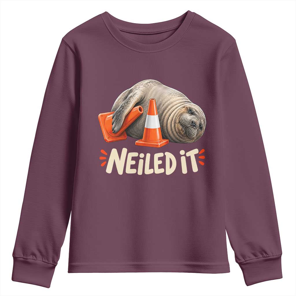 Funny Neil The Seal Nailed It Meme Youth Sweatshirt Cute Chaotic Viral Elephant Seal Traffic Cone Pun TS02 Maroon Print Your Wear