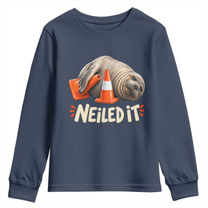 Funny Neil The Seal Nailed It Meme Youth Sweatshirt Cute Chaotic Viral Elephant Seal Traffic Cone Pun TS02 Navy Print Your Wear