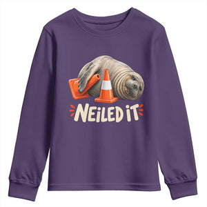 Funny Neil The Seal Nailed It Meme Youth Sweatshirt Cute Chaotic Viral Elephant Seal Traffic Cone Pun TS02 Purple Print Your Wear