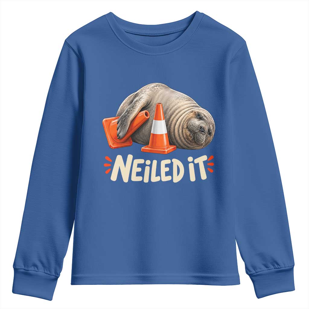 Funny Neil The Seal Nailed It Meme Youth Sweatshirt Cute Chaotic Viral Elephant Seal Traffic Cone Pun TS02 Royal Blue Print Your Wear