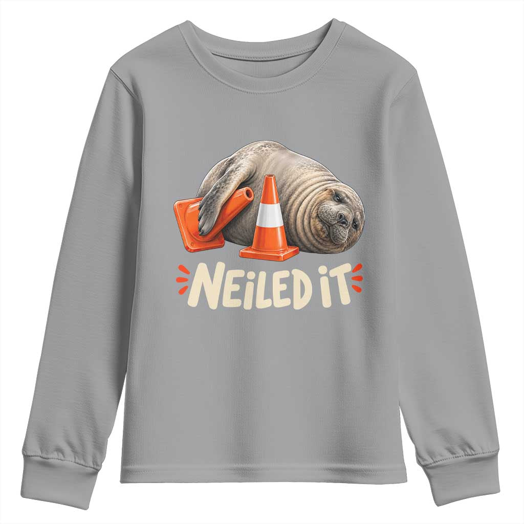 Funny Neil The Seal Nailed It Meme Youth Sweatshirt Cute Chaotic Viral Elephant Seal Traffic Cone Pun TS02 Sport Gray Print Your Wear
