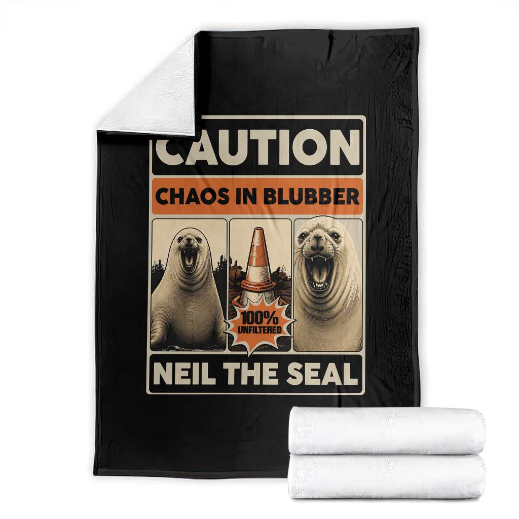 Retro Neil the Seal Caution Chaos in Blubber Throw Blanket Funny Viral Chaotic Elephant Seal Traffic Cone Meme TS02 Black Print Your Wear
