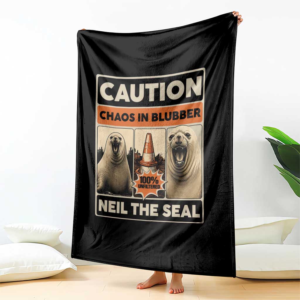 Retro Neil the Seal Caution Chaos in Blubber Throw Blanket Funny Viral Chaotic Elephant Seal Traffic Cone Meme TS02 Print Your Wear