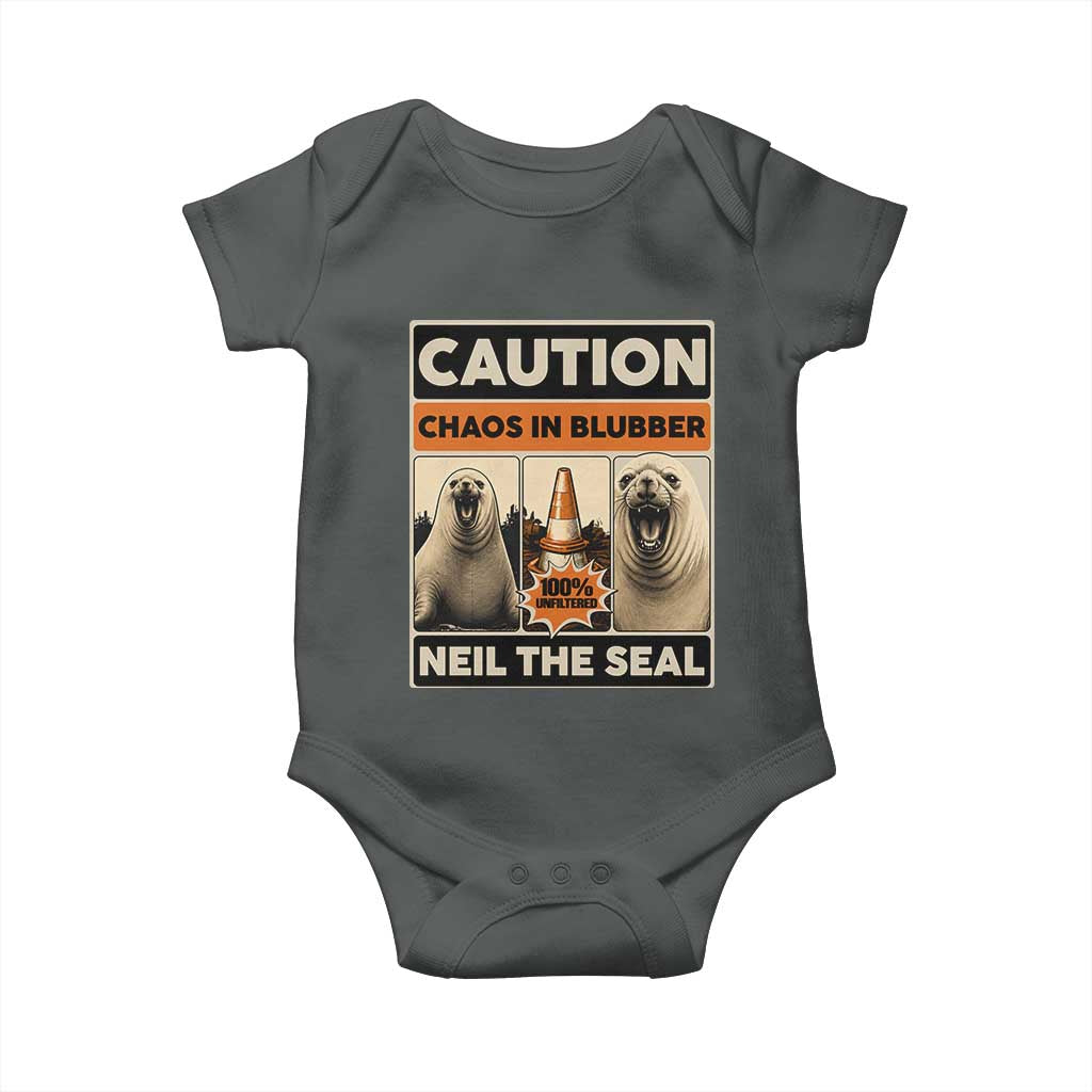 Retro Neil the Seal Caution Chaos in Blubber Baby Onesie Funny Viral Chaotic Elephant Seal Traffic Cone Meme TS02 Dark Heather Print Your Wear