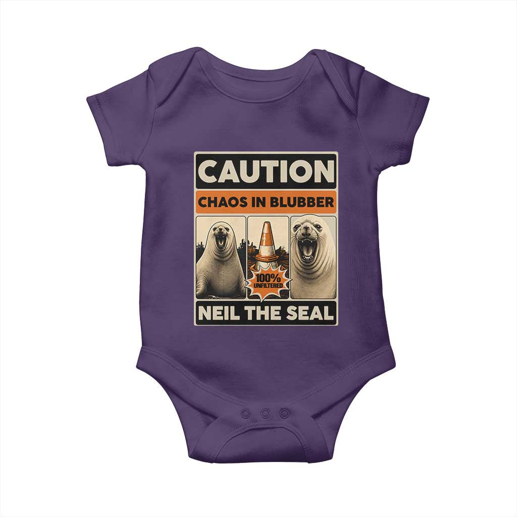 Retro Neil the Seal Caution Chaos in Blubber Baby Onesie Funny Viral Chaotic Elephant Seal Traffic Cone Meme TS02 Purple Print Your Wear
