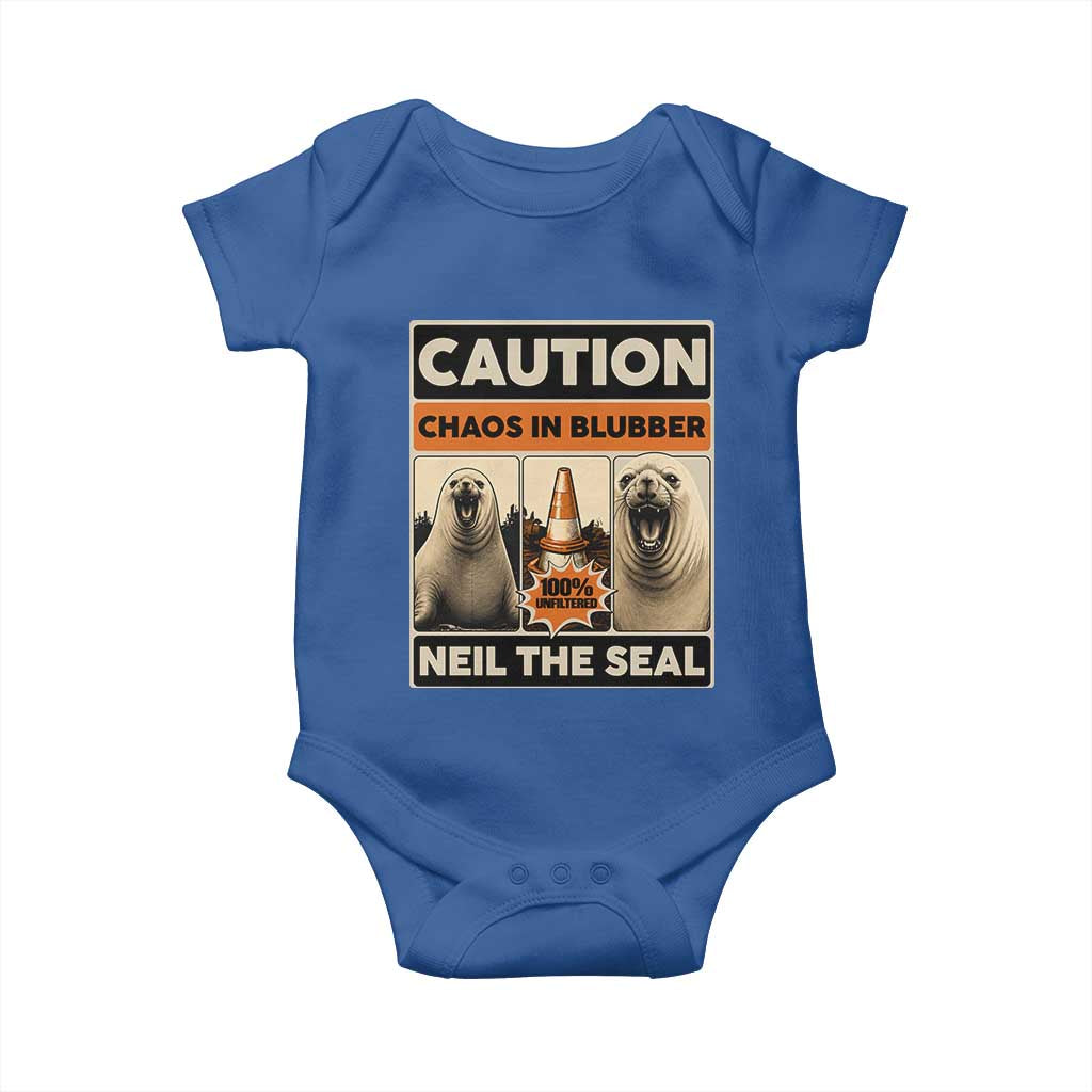 Retro Neil the Seal Caution Chaos in Blubber Baby Onesie Funny Viral Chaotic Elephant Seal Traffic Cone Meme TS02 Royal Blue Print Your Wear
