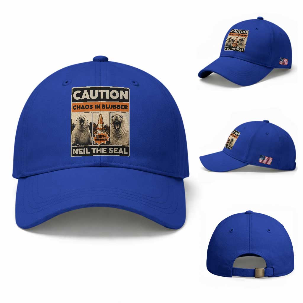 Retro Neil the Seal Caution Chaos in Blubber Baseball Cap Funny Viral Chaotic Elephant Seal Traffic Cone Meme TS02 Baseball Cap Universal Fit Royal Blue Print Your Wear