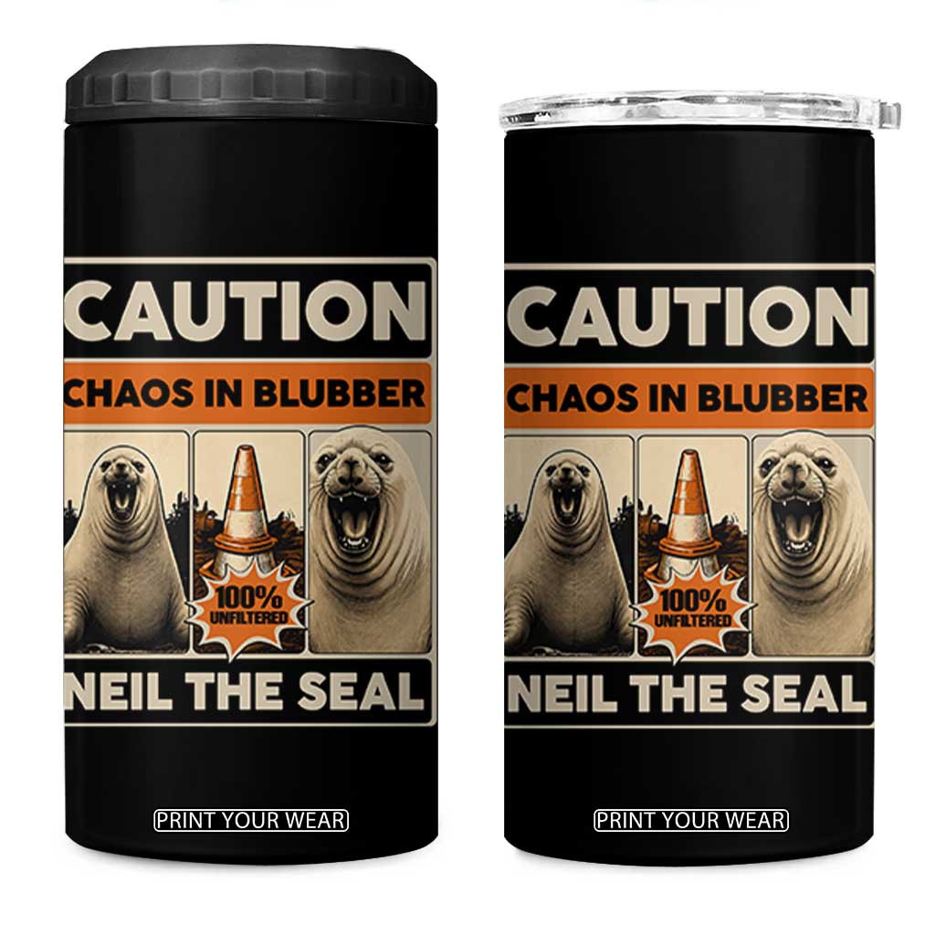 Retro Neil the Seal Caution Chaos in Blubber 4 in 1 Can Cooler Tumbler Funny Viral Chaotic Elephant Seal Traffic Cone Meme TS02 One Size: 16 oz Black Print Your Wear