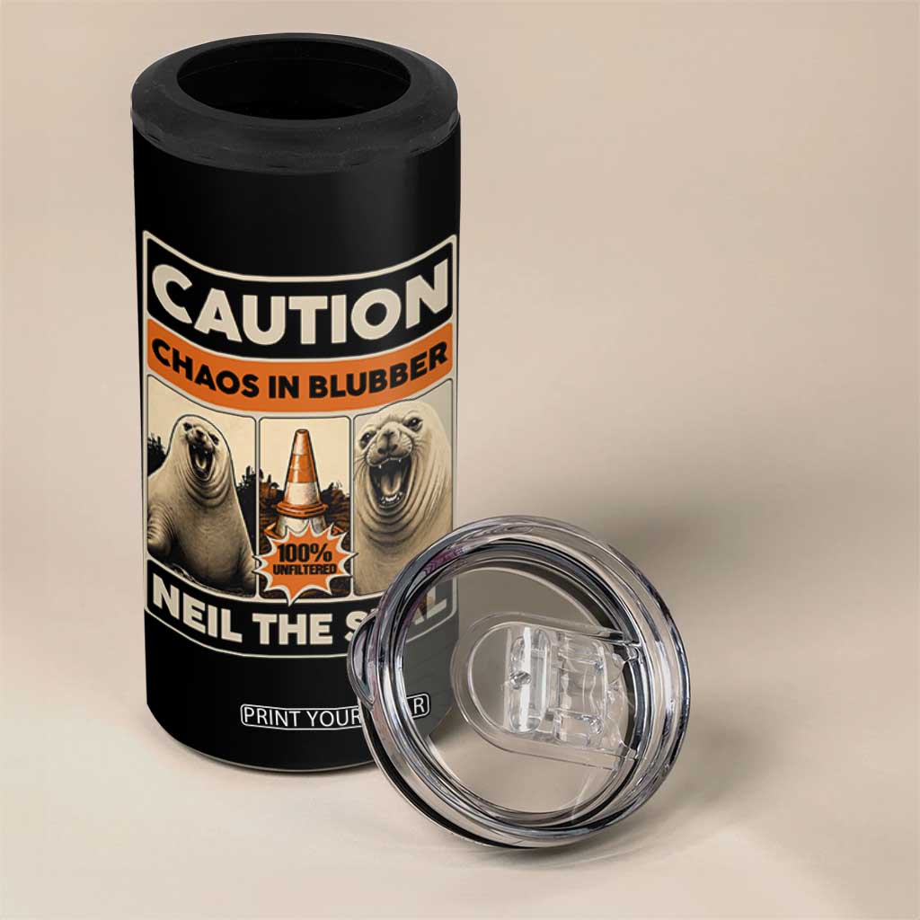 Retro Neil the Seal Caution Chaos in Blubber 4 in 1 Can Cooler Tumbler Funny Viral Chaotic Elephant Seal Traffic Cone Meme TS02 Print Your Wear