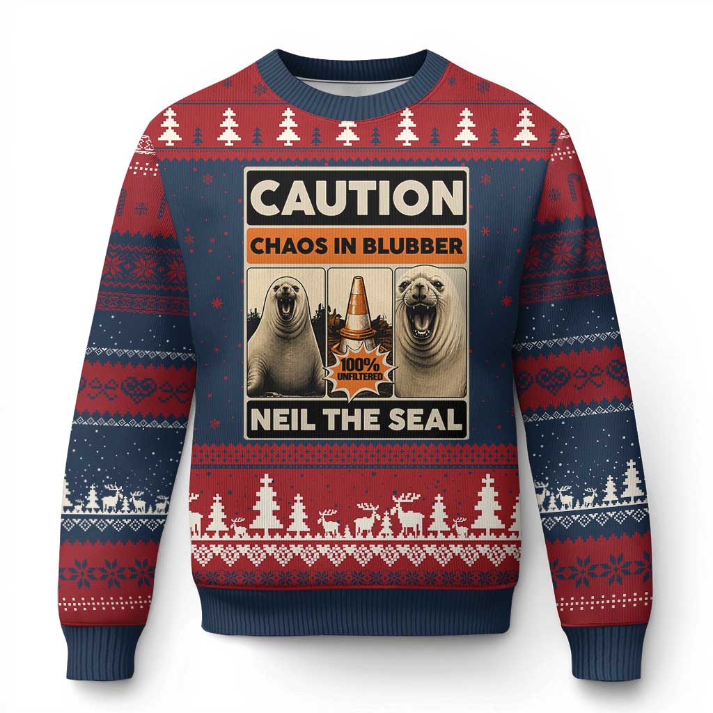 Retro Neil the Seal Caution Chaos in Blubber Ugly Christmas Sweater Funny Viral Chaotic Elephant Seal Traffic Cone Meme TS02 Navy Red Print Your Wear