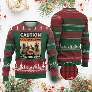 Retro Neil the Seal Caution Chaos in Blubber Ugly Christmas Sweater Funny Viral Chaotic Elephant Seal Traffic Cone Meme TS02 Red Green Print Your Wear