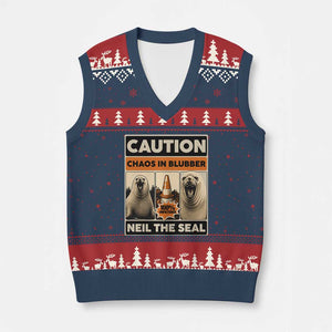 Retro Neil the Seal Caution Chaos in Blubber V-Neck Knit Sweater Vest Funny Viral Chaotic Elephant Seal Traffic Cone Meme TS02 Navy Red Print Your Wear