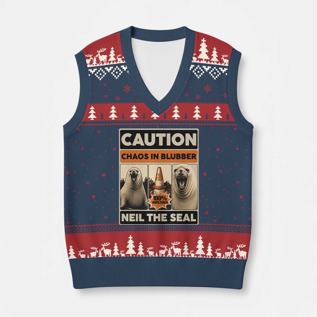 Retro Neil the Seal Caution Chaos in Blubber V-Neck Knit Sweater Vest Funny Viral Chaotic Elephant Seal Traffic Cone Meme TS02 Navy Red Print Your Wear