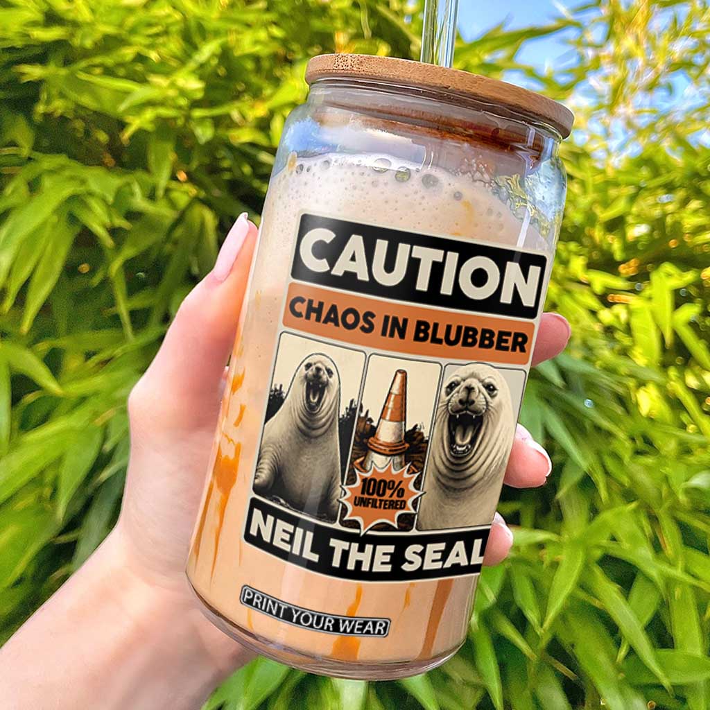 Retro Neil the Seal Caution Chaos in Blubber Glass Can Funny Viral Chaotic Elephant Seal Traffic Cone Meme TS02 Black Print Your Wear