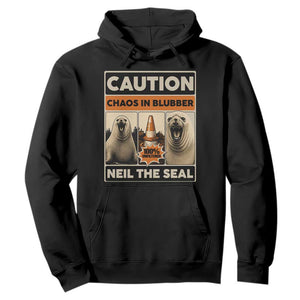 Retro Neil the Seal Caution Chaos in Blubber Hoodie Funny Viral Chaotic Elephant Seal Traffic Cone Meme TS02 Black Print Your Wear