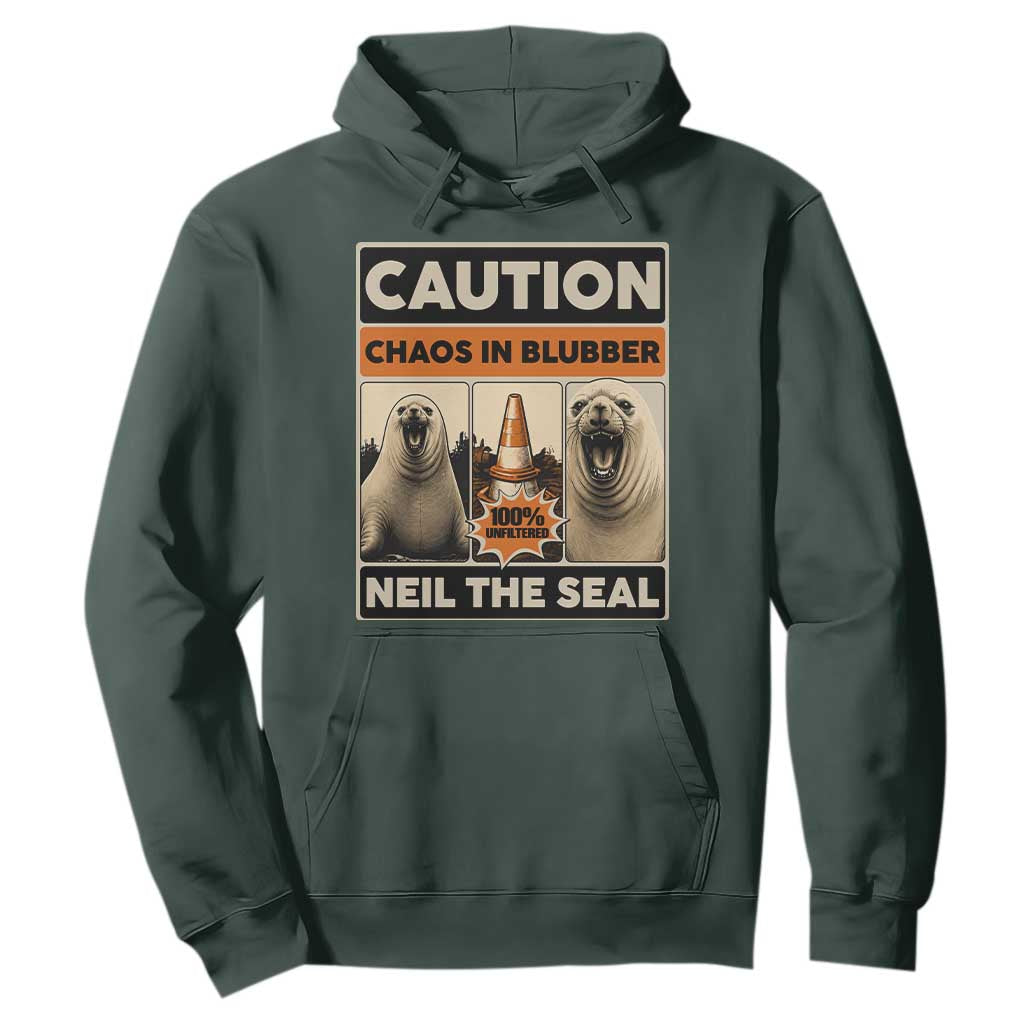 Retro Neil the Seal Caution Chaos in Blubber Hoodie Funny Viral Chaotic Elephant Seal Traffic Cone Meme TS02 Dark Forest Green Print Your Wear