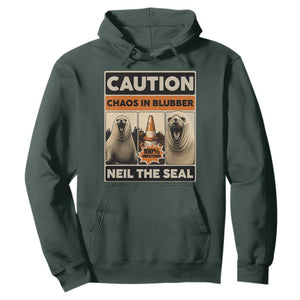 Retro Neil the Seal Caution Chaos in Blubber Hoodie Funny Viral Chaotic Elephant Seal Traffic Cone Meme TS02 Dark Forest Green Print Your Wear
