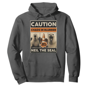 Retro Neil the Seal Caution Chaos in Blubber Hoodie Funny Viral Chaotic Elephant Seal Traffic Cone Meme TS02 Dark Heather Print Your Wear