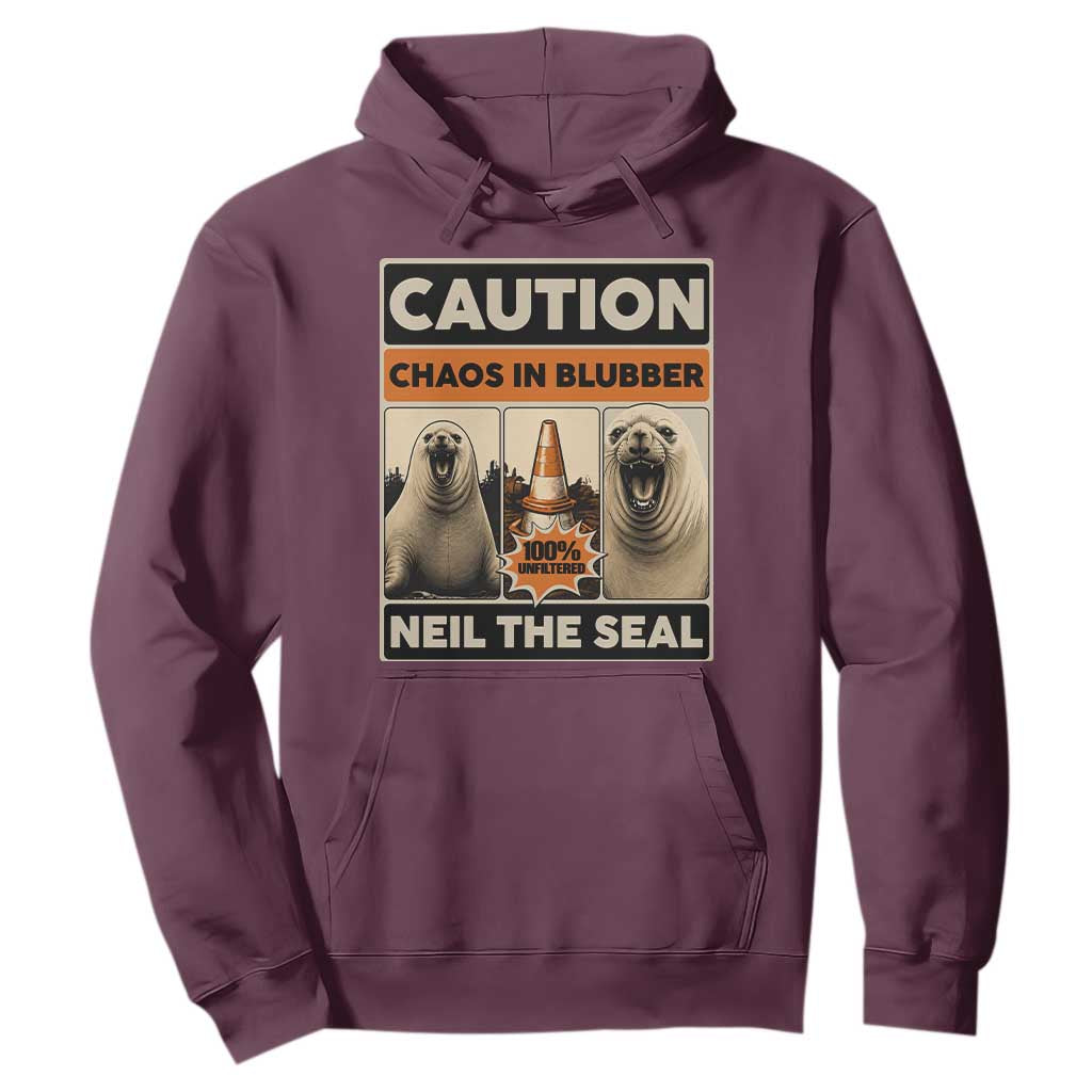 Retro Neil the Seal Caution Chaos in Blubber Hoodie Funny Viral Chaotic Elephant Seal Traffic Cone Meme TS02 Maroon Print Your Wear