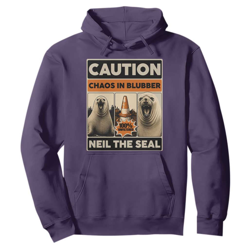Retro Neil the Seal Caution Chaos in Blubber Hoodie Funny Viral Chaotic Elephant Seal Traffic Cone Meme TS02 Purple Print Your Wear