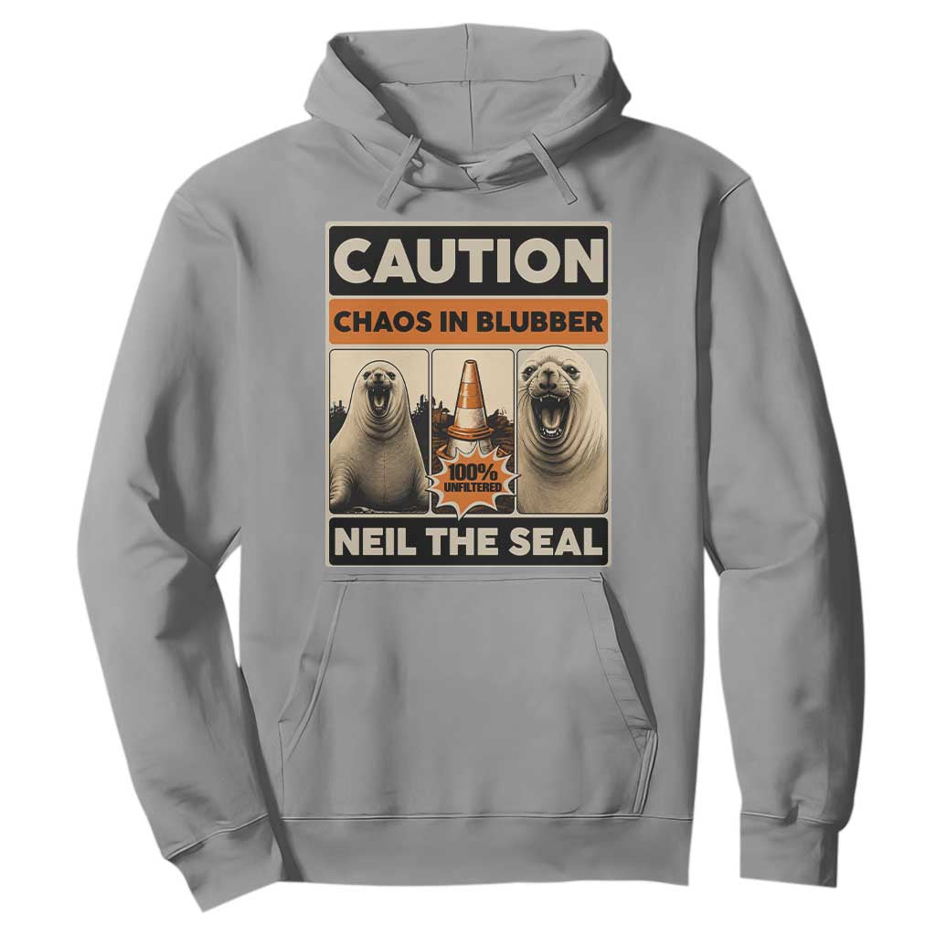 Retro Neil the Seal Caution Chaos in Blubber Hoodie Funny Viral Chaotic Elephant Seal Traffic Cone Meme TS02 Sport Gray Print Your Wear