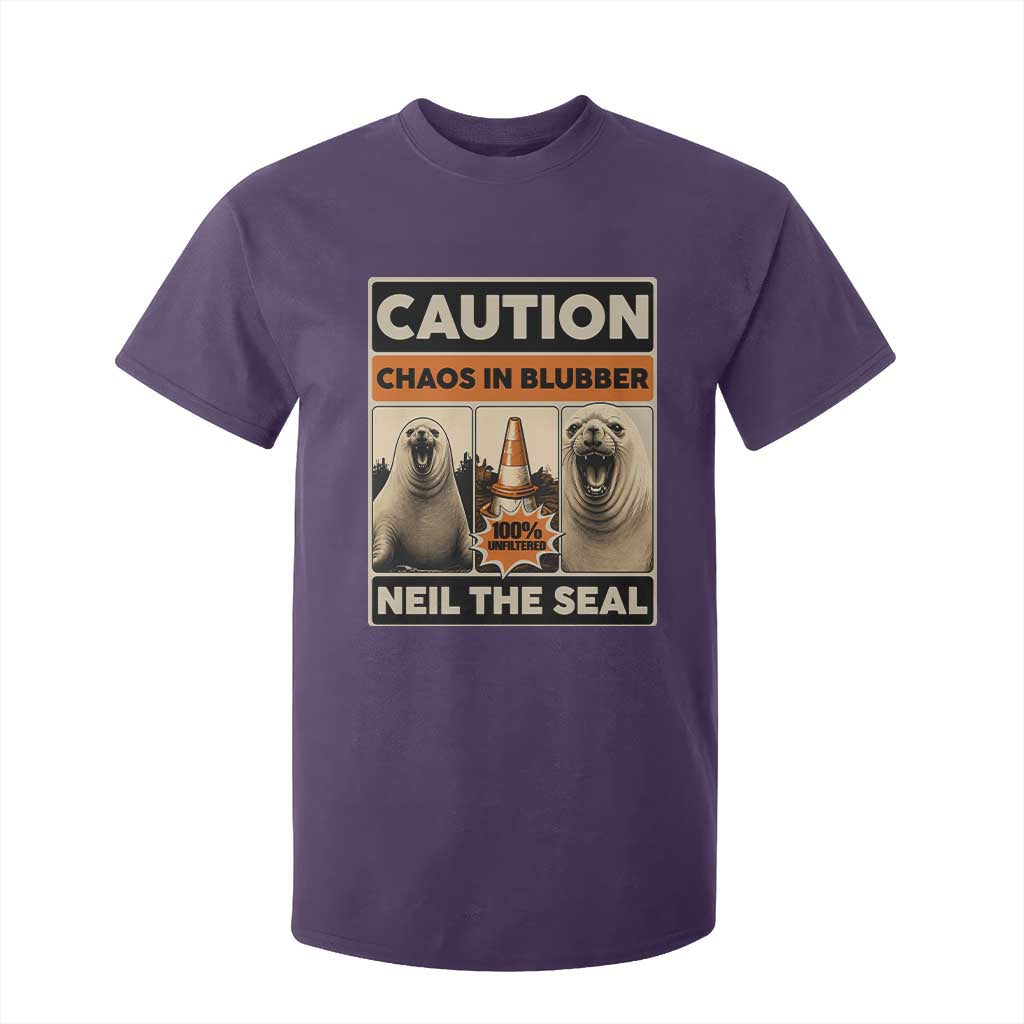 Retro Neil the Seal Caution Chaos in Blubber T Shirt For Kid Funny Viral Chaotic Elephant Seal Traffic Cone Meme TS02 Purple Print Your Wear