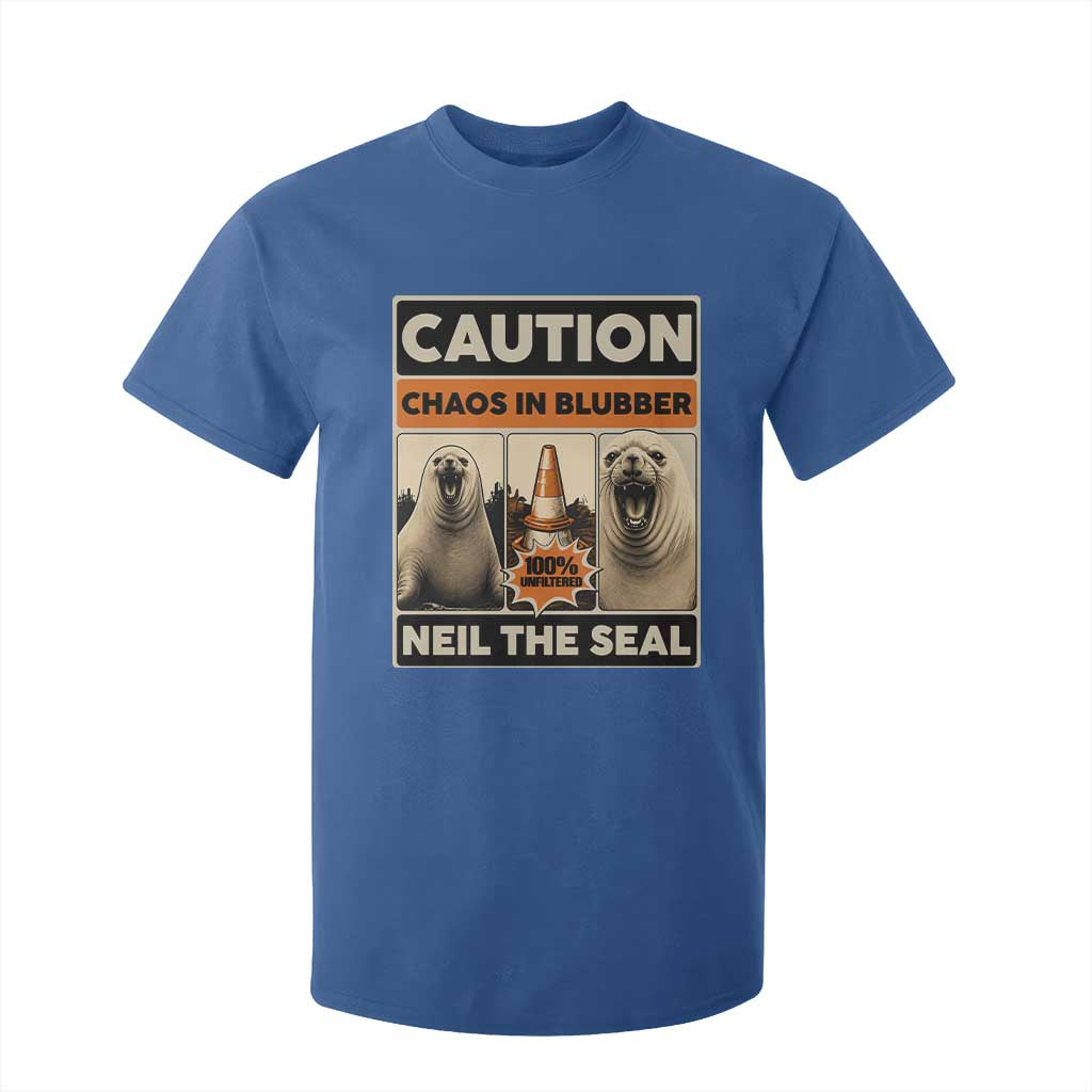 Retro Neil the Seal Caution Chaos in Blubber T Shirt For Kid Funny Viral Chaotic Elephant Seal Traffic Cone Meme TS02 Royal Blue Print Your Wear