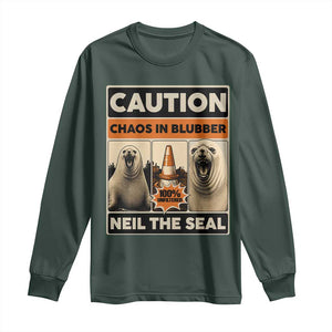 Retro Neil the Seal Caution Chaos in Blubber Long Sleeve Shirt Funny Viral Chaotic Elephant Seal Traffic Cone Meme TS02 Dark Forest Green Print Your Wear