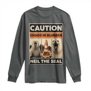 Retro Neil the Seal Caution Chaos in Blubber Long Sleeve Shirt Funny Viral Chaotic Elephant Seal Traffic Cone Meme TS02 Dark Heather Print Your Wear