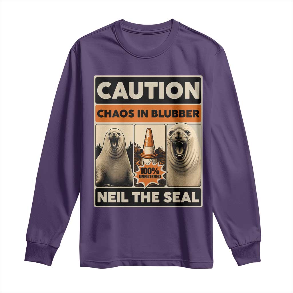 Retro Neil the Seal Caution Chaos in Blubber Long Sleeve Shirt Funny Viral Chaotic Elephant Seal Traffic Cone Meme TS02 Purple Print Your Wear