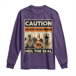 Retro Neil the Seal Caution Chaos in Blubber Long Sleeve Shirt Funny Viral Chaotic Elephant Seal Traffic Cone Meme TS02 Purple Print Your Wear