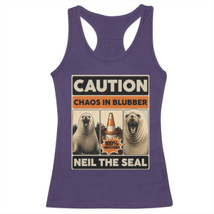 Retro Neil the Seal Caution Chaos in Blubber Racerback Tank Top Funny Viral Chaotic Elephant Seal Traffic Cone Meme TS02 Purple Print Your Wear