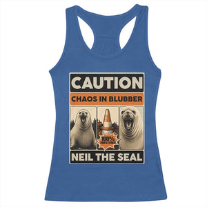 Retro Neil the Seal Caution Chaos in Blubber Racerback Tank Top Funny Viral Chaotic Elephant Seal Traffic Cone Meme TS02 Royal Blue Print Your Wear