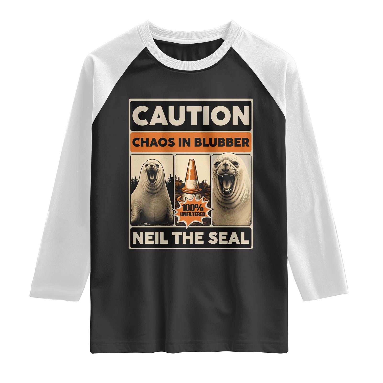 Retro Neil the Seal Caution Chaos in Blubber Raglan Shirt Funny Viral Chaotic Elephant Seal Traffic Cone Meme TS02 Black White Print Your Wear