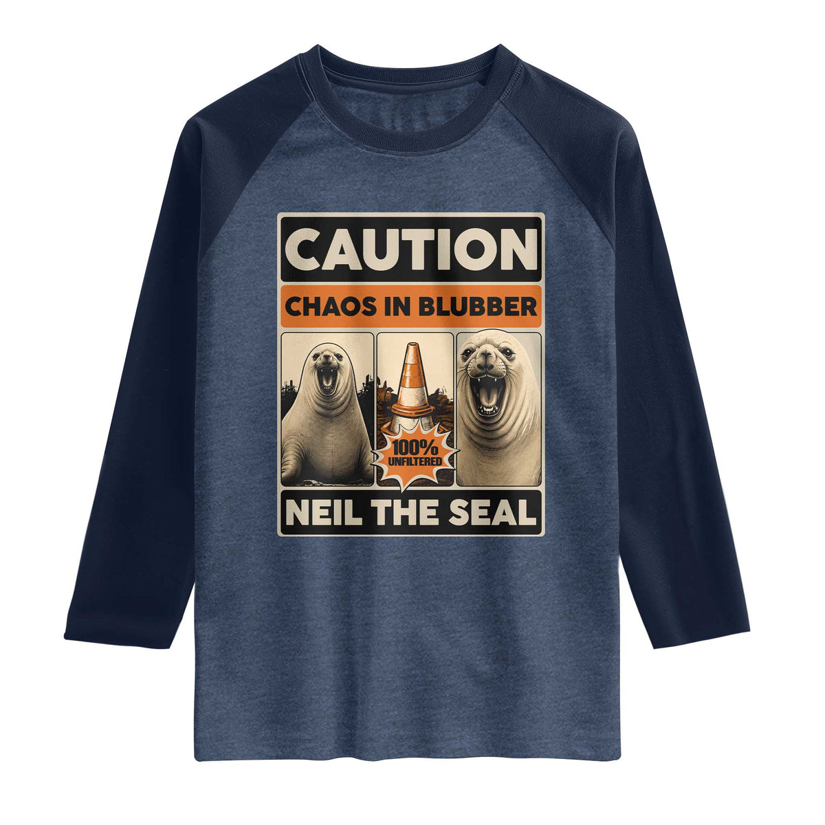 Retro Neil the Seal Caution Chaos in Blubber Raglan Shirt Funny Viral Chaotic Elephant Seal Traffic Cone Meme TS02 Heather Denim Navy Print Your Wear
