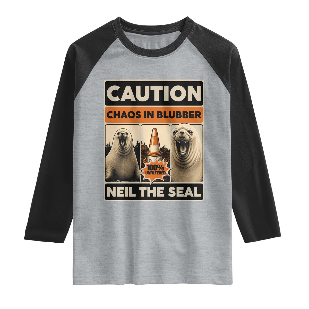 Retro Neil the Seal Caution Chaos in Blubber Raglan Shirt Funny Viral Chaotic Elephant Seal Traffic Cone Meme TS02 Heather Gray Black Print Your Wear