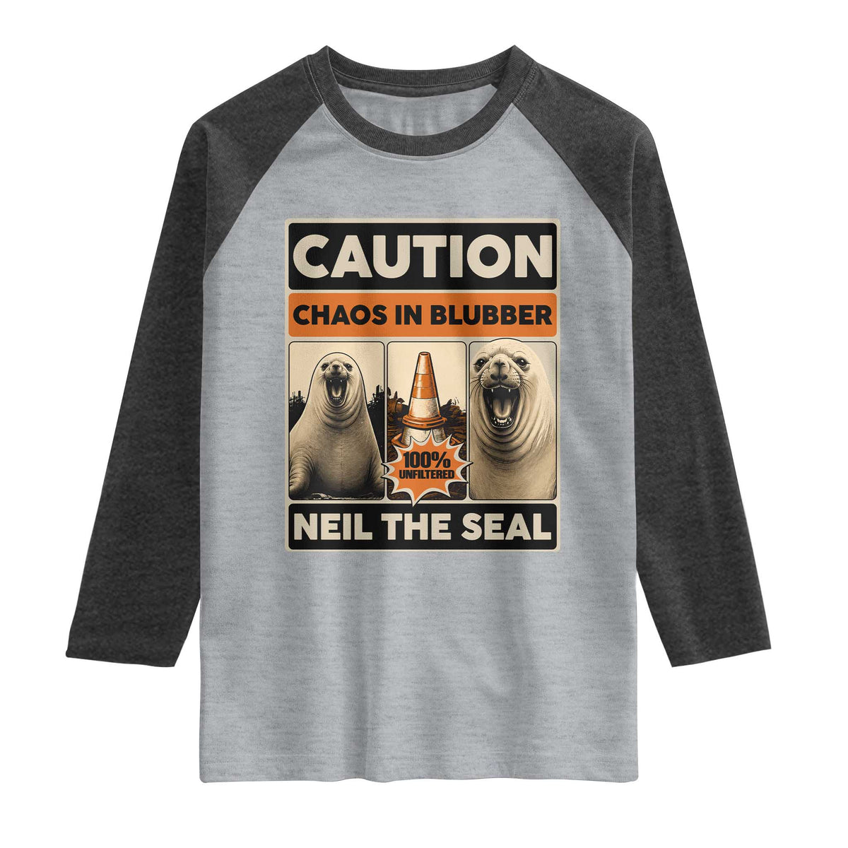 Retro Neil the Seal Caution Chaos in Blubber Raglan Shirt Funny Viral Chaotic Elephant Seal Traffic Cone Meme TS02 Heather Gray Heather Charcoal Print Your Wear